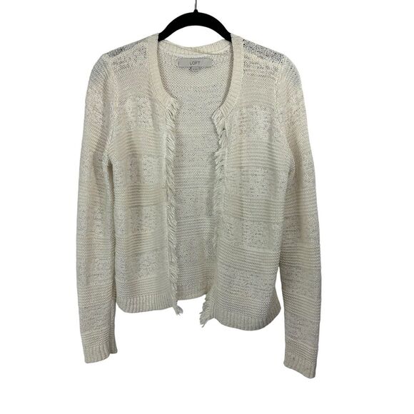 LOFT Sweaters - Loft Sweater Cream Ivory Open Front Loose Weave Fringe Cardigan Women's Size XS